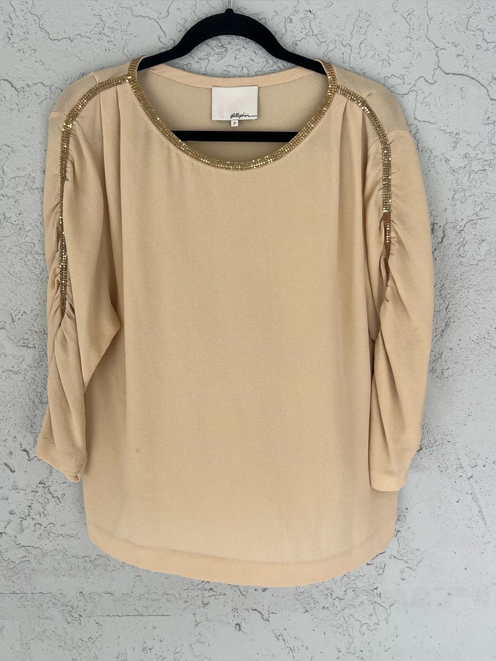 3.1 Phillip Lim 100% Silk Gold Beaded Embellished 3/4 Sleeve Top Tan Size 2